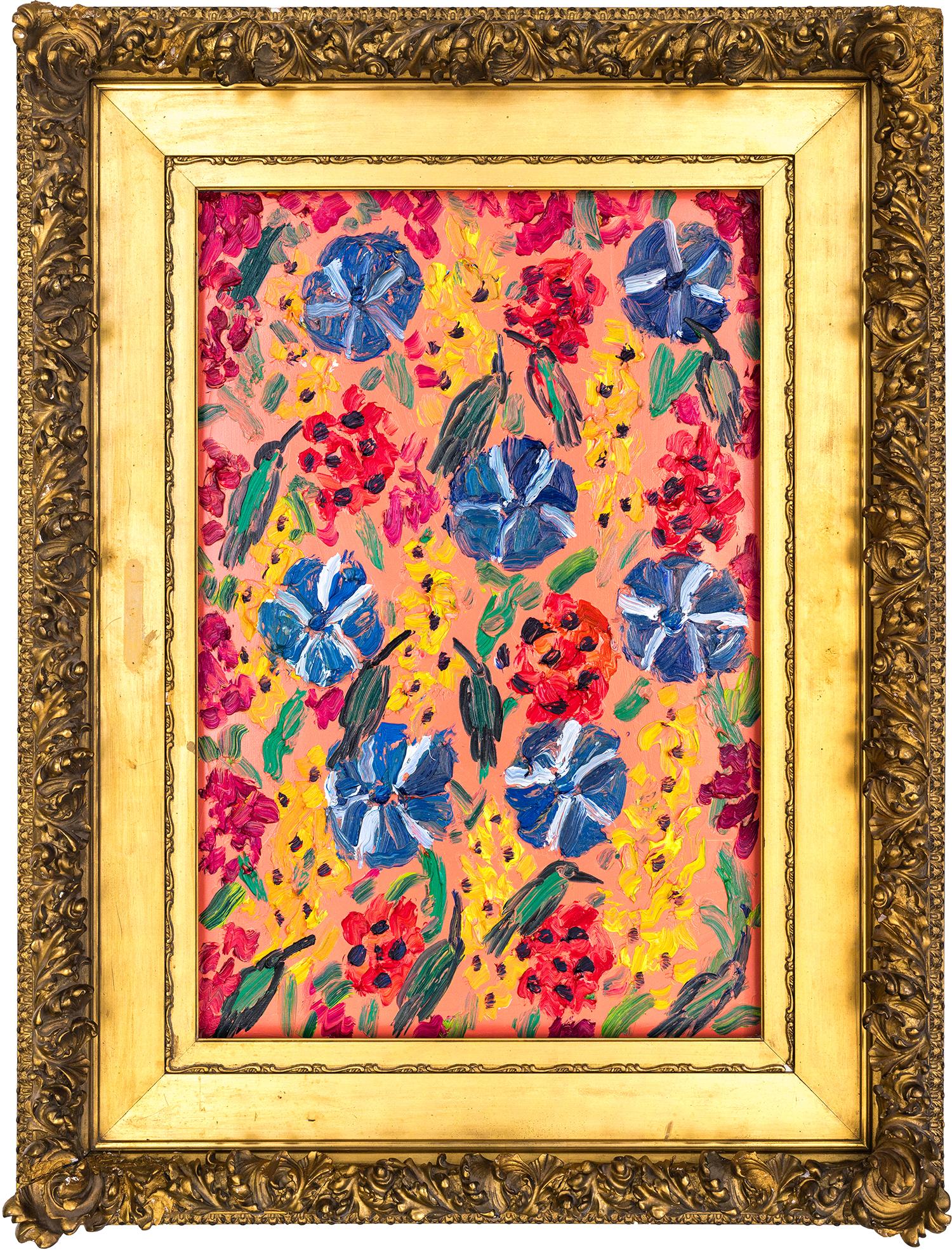 Hunt Slonem Abstract Painting - "Pinwheel & Hummingbirds" Hummingbirds on Coral Pink Background Oil Painting