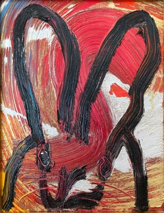 "Pom Peii" Black Bunny on Multicolored Background with Red and Gold - Framed