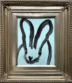 "Pool" Black Bunny on French Light Blue Background Oil Painting on Wood Framed 