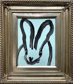 "Pool" Coniglietto nero su sfondo azzurro Pittura a olio su legno con cornice