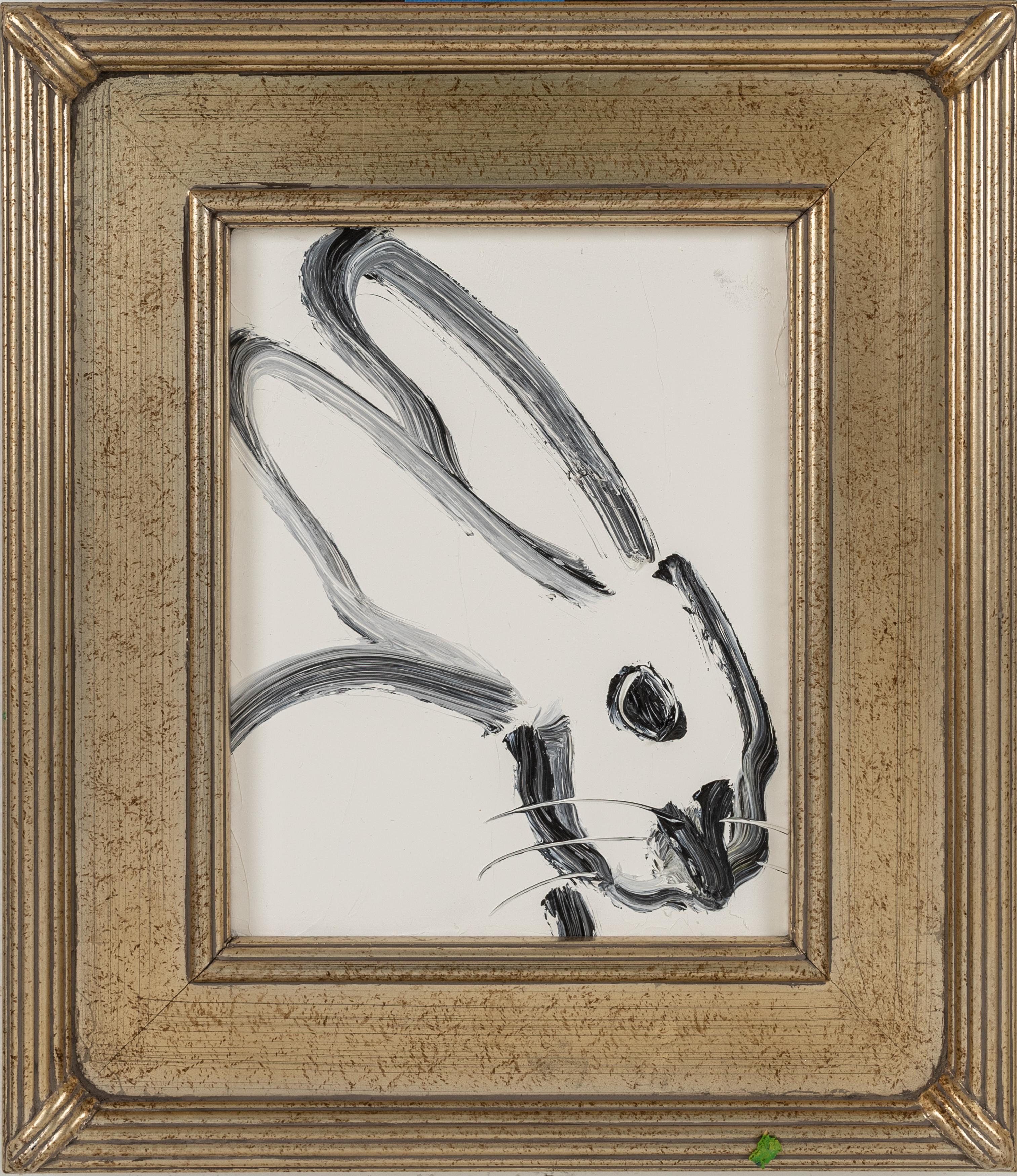 Painting size: 10 x 8 inches 
Framed size:
This white and black bunny demonstrates Hunt Slonem's  neo-expressionist style. Framed in a vintage frame.   These layered, and thickly painted smaller pieces exemplify his vivid and exuberant style and