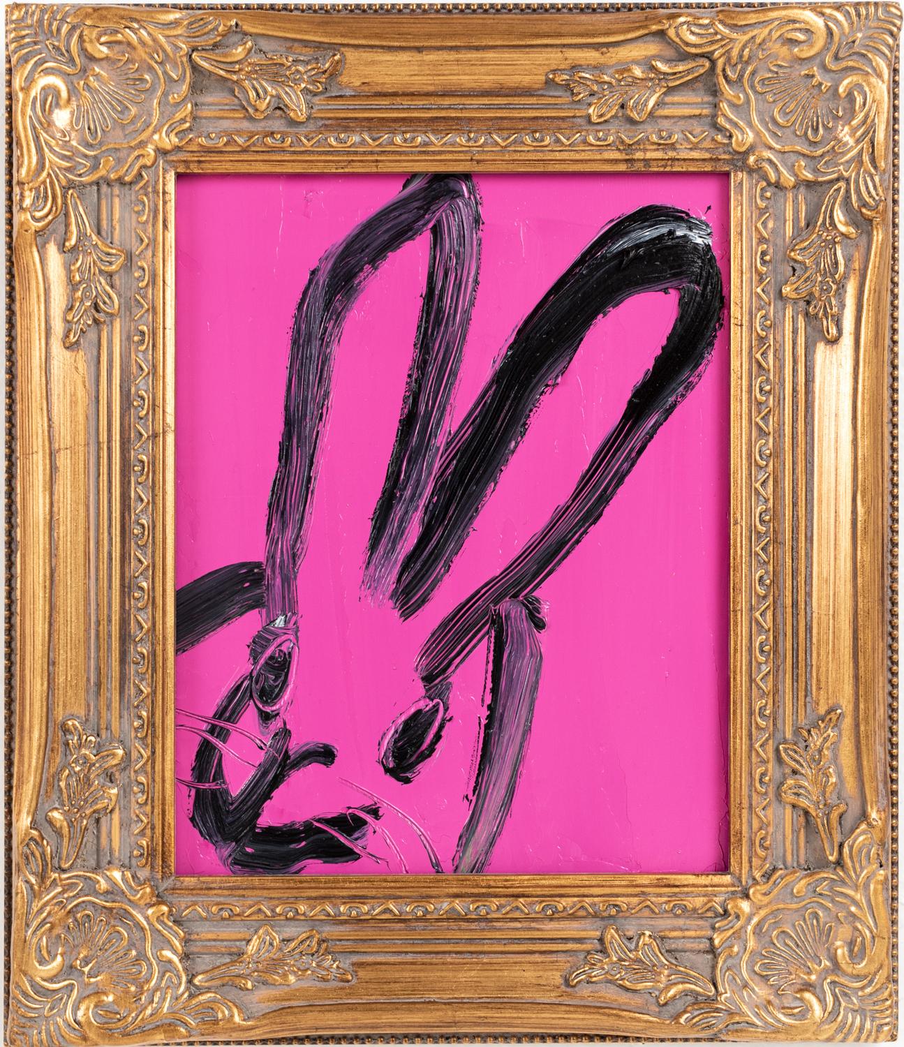 Hunt Slonem Figurative Painting - Purple "Bunny Painting" Original Pink Oil Painting in Gold Vintage Frame