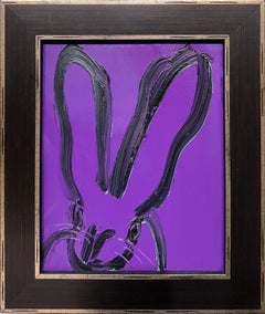 "Purple Mist" Lapin noir sur fond violet Peinture à l'huile sur panneau de bois