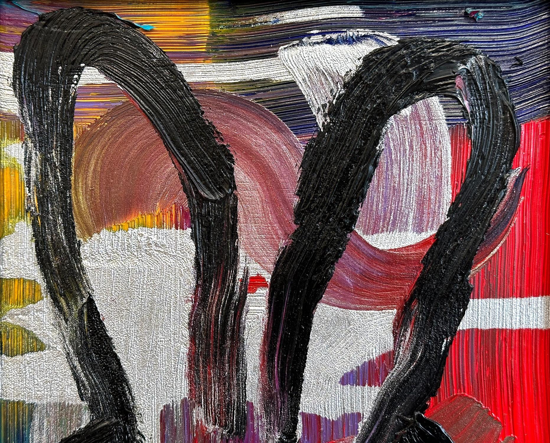 A wonderful composition of one of Slonem's most iconic subjects, Bunnies. This piece depicts a gestural figure of a black bunny on a Multicolor silver and gold background with thick use of paint. Inspired by nature and a genuine love for animals,