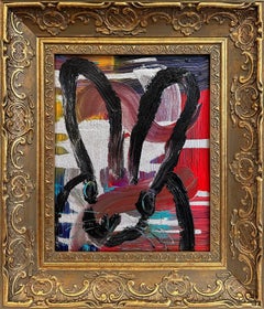 "Quantum Lea" Black Outline Bunny on Multicolor & Silver Background Oil Painting