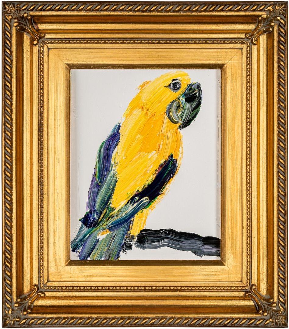 Hunt Slonem Animal Painting – „ Königin von Bayern“ Gelbes Vogel Original-Ölgemälde in Vintage-Rahmen