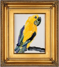 « Reine de Bavière », peinture à l'huile originale d'un oiseau jaune dans un cadre vintage