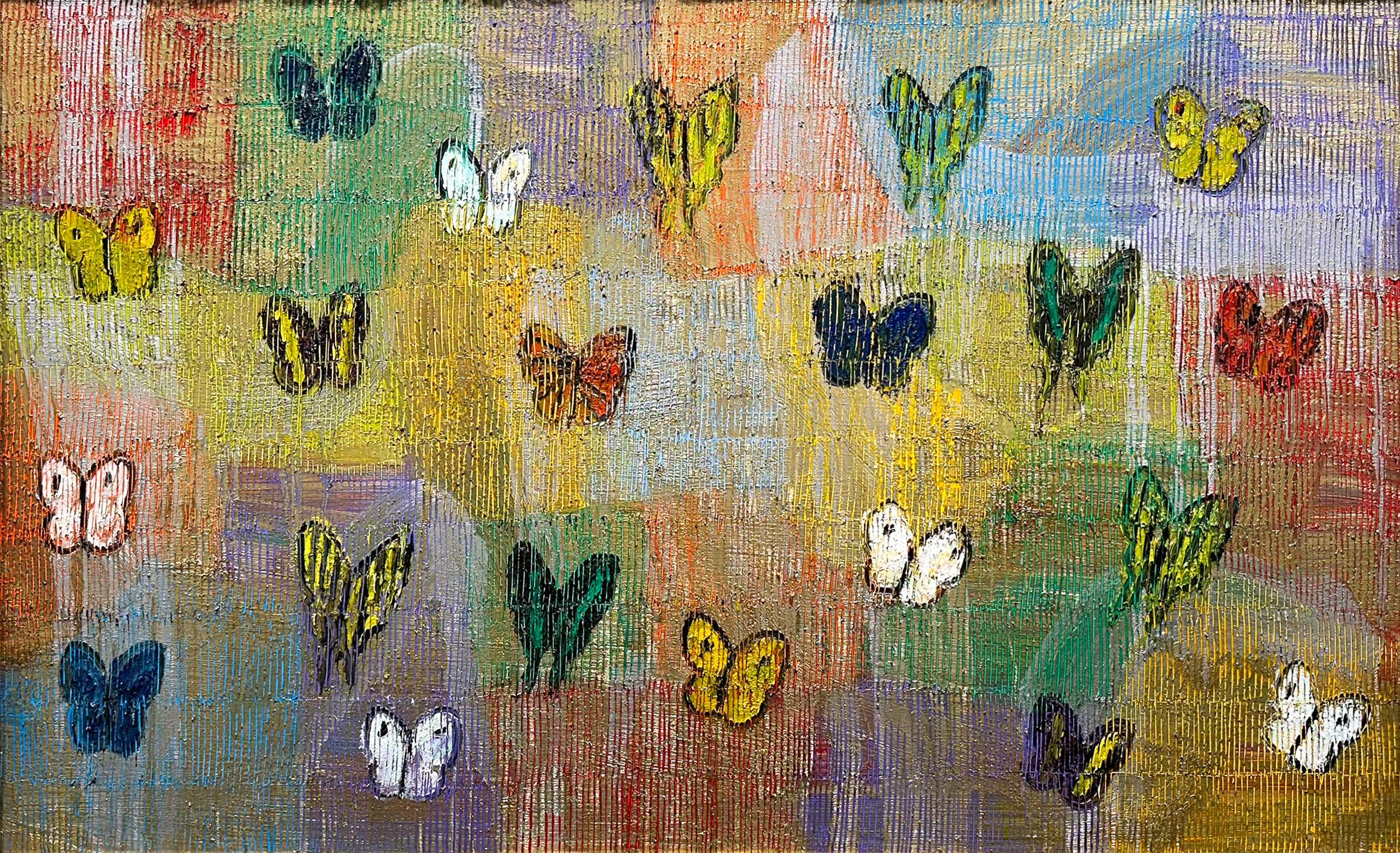 A wonderful composition of one of Slonem's most iconic subjects, Butterflies. This piece depicts delicate multicolor butterflies in ascension placed in a wonderful golden silver landscape. Slonem traces his famous crosshatch details throughout the