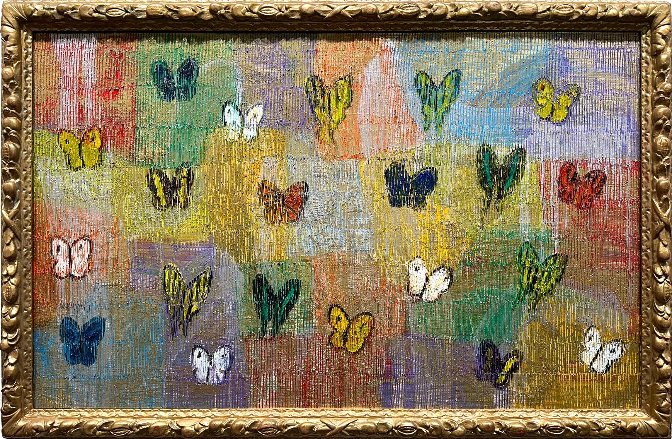 Abstract Painting Hunt Slonem - Peinture à l'huile sur toile « Question Mark & Comma » papillons sur argent et or