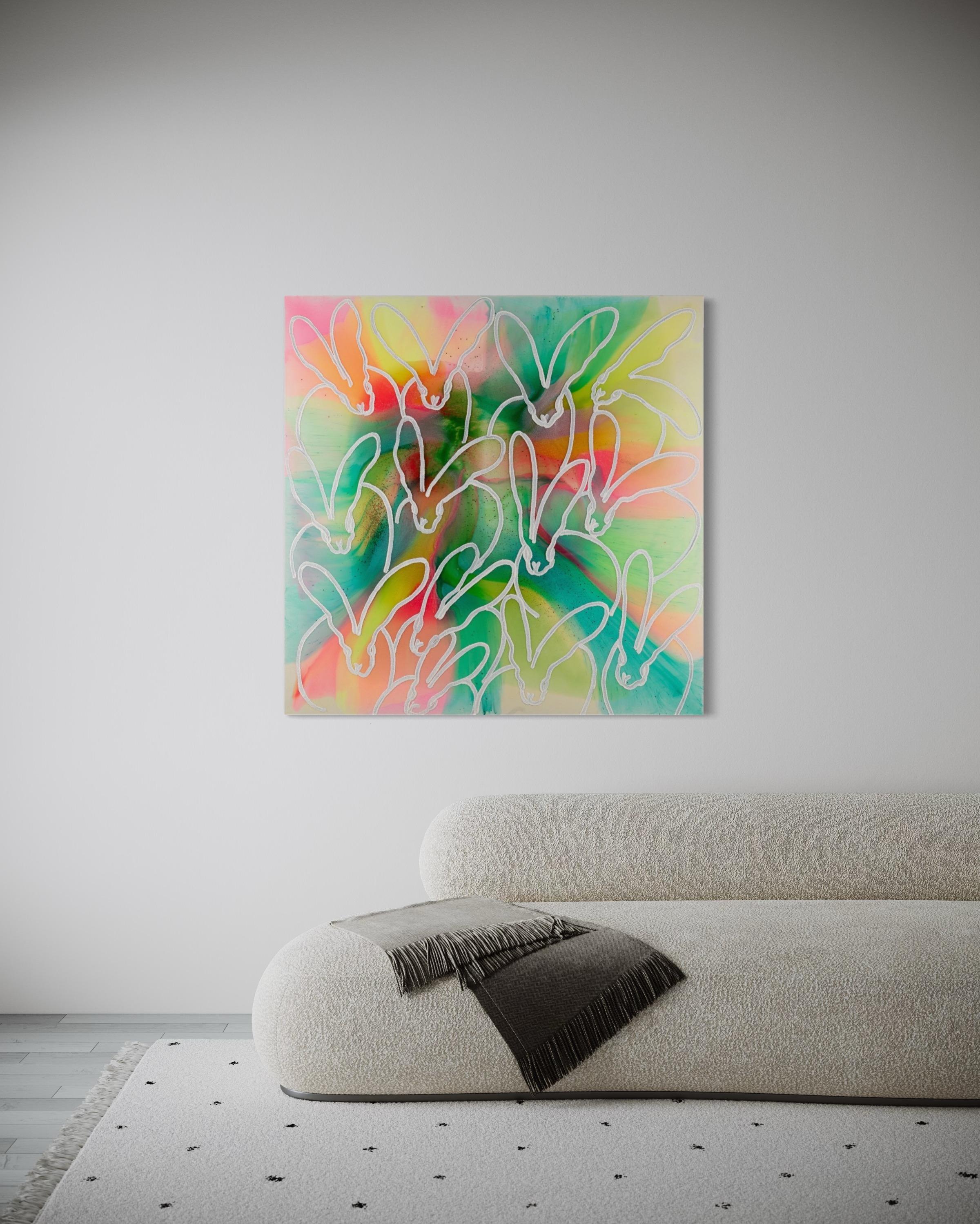 Rainbow Bunnies with Diamond Dust Oil Painting on Canvas For Sale 2