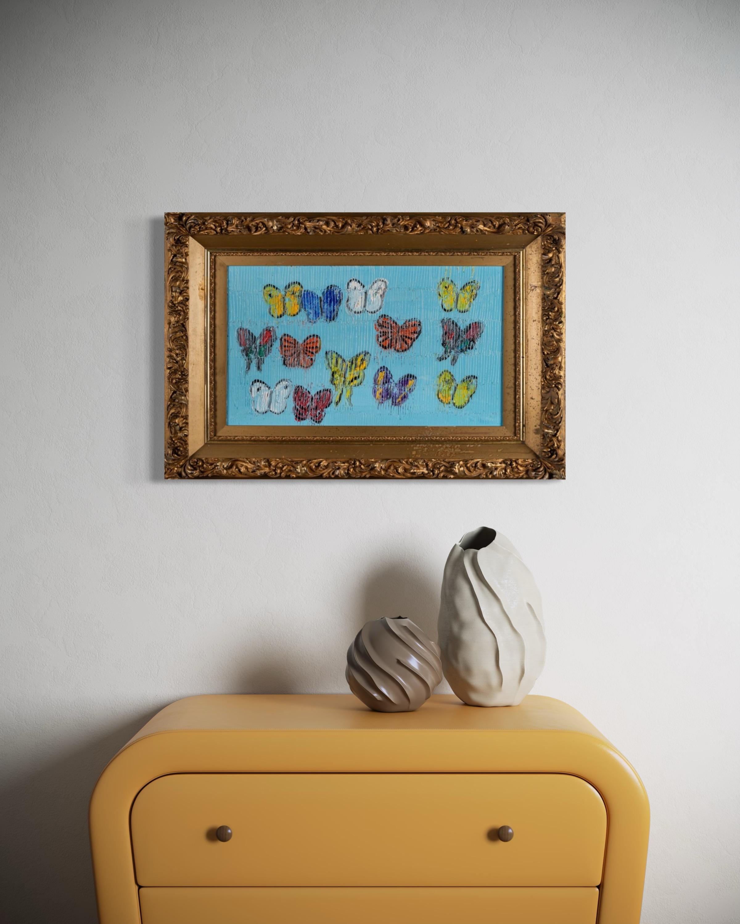 Rainbow Butterflies (Blue, Yellow, Red) Oil Painting in Ornate Vintage Frame For Sale 2