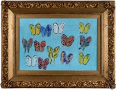 Rainbow Butterflies (Blue, Yellow, Red) Oil Painting in Ornate Vintage Frame