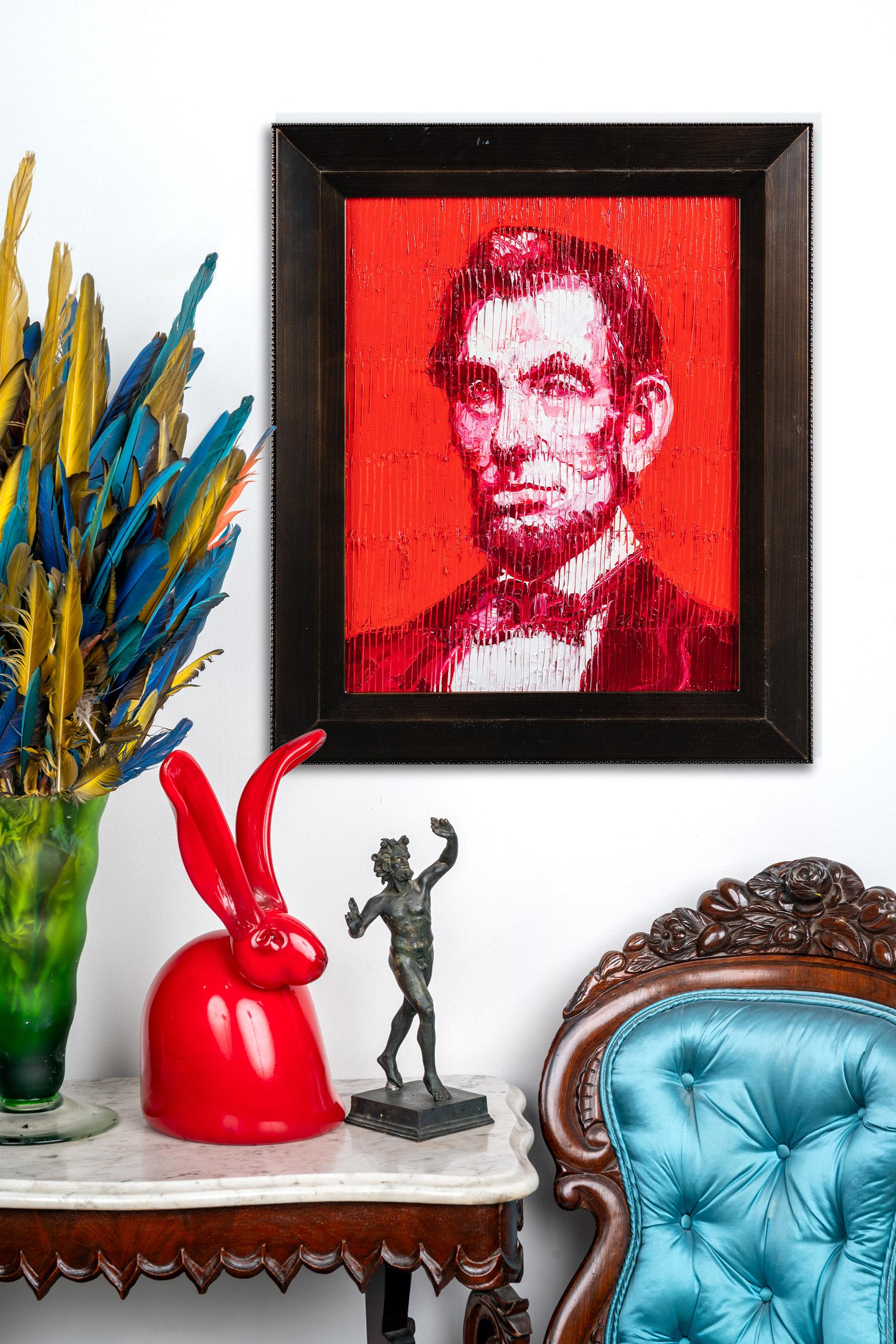 This exquisitely textured portrait of the famed president Abraham Lincoln captures his serious yet sincere visage. Created by artist Hunt Slonem, this work comes framed in a vintage-style frame made of dark wood, off setting the hues of the
