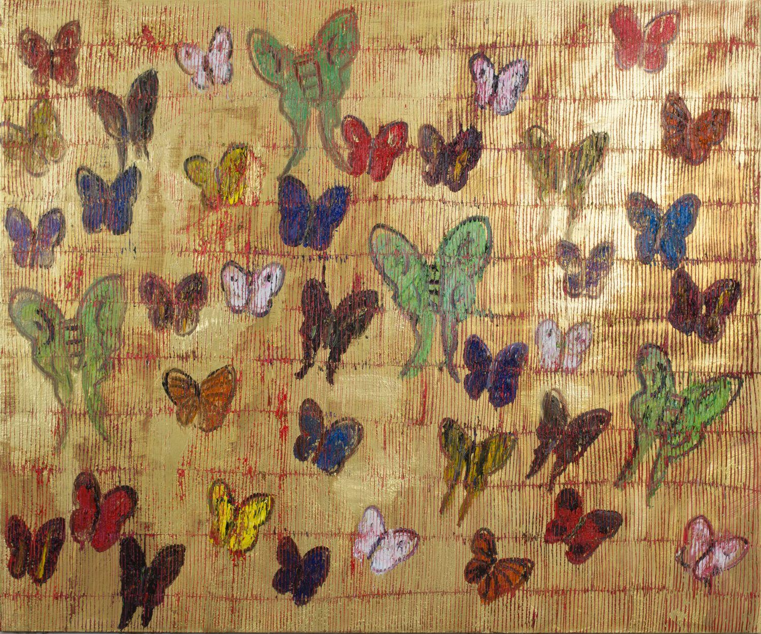 Red and gold butterflies - Painting by Hunt Slonem