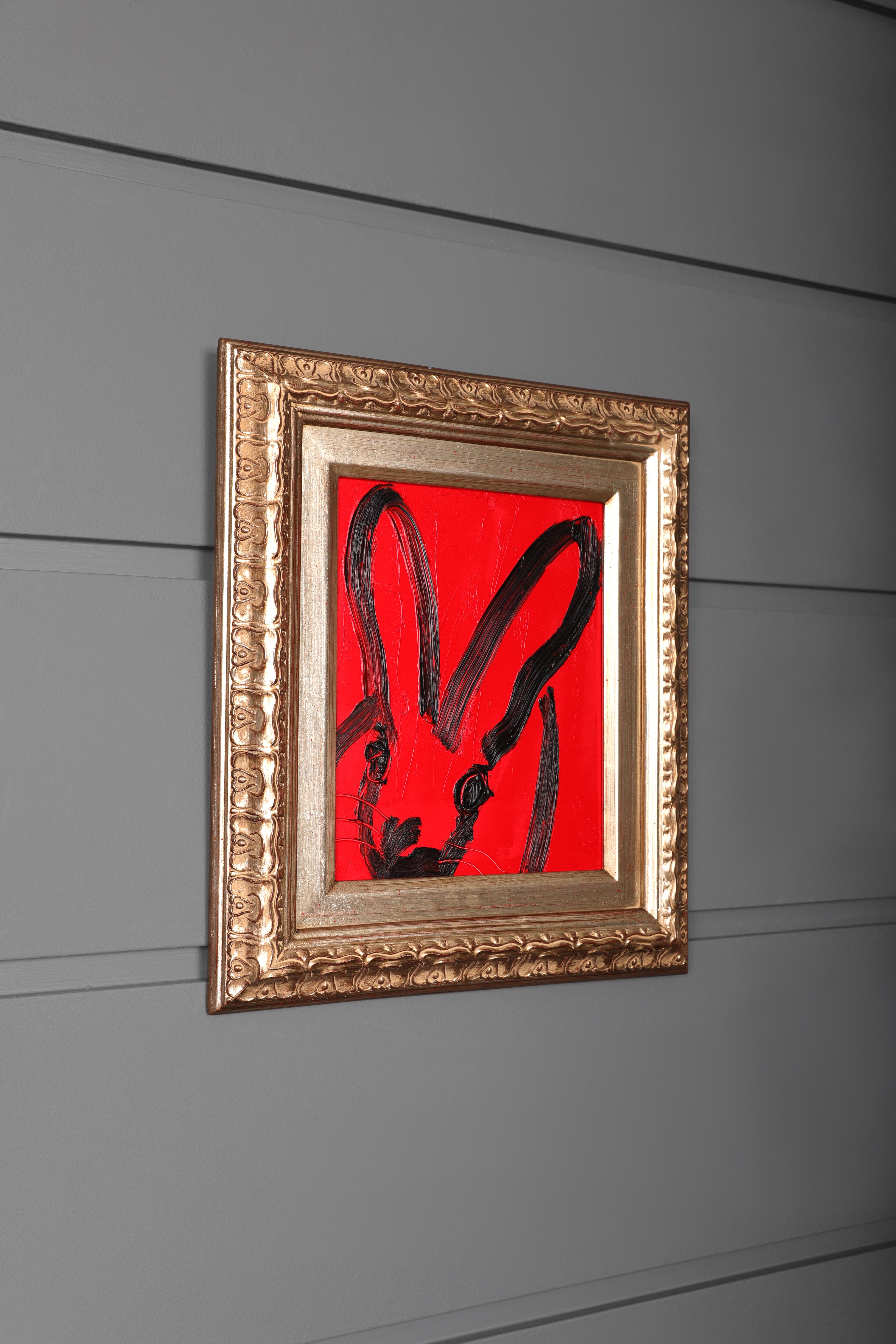 ‘Red Bunny’ is a signature gestural bunny painting by Hunt Slonem. The gestural bunny can be found throughout Slonem’s Neo-expressionist body of work. The background of the painting is a rich, bold red, contrasting the black line that defines the