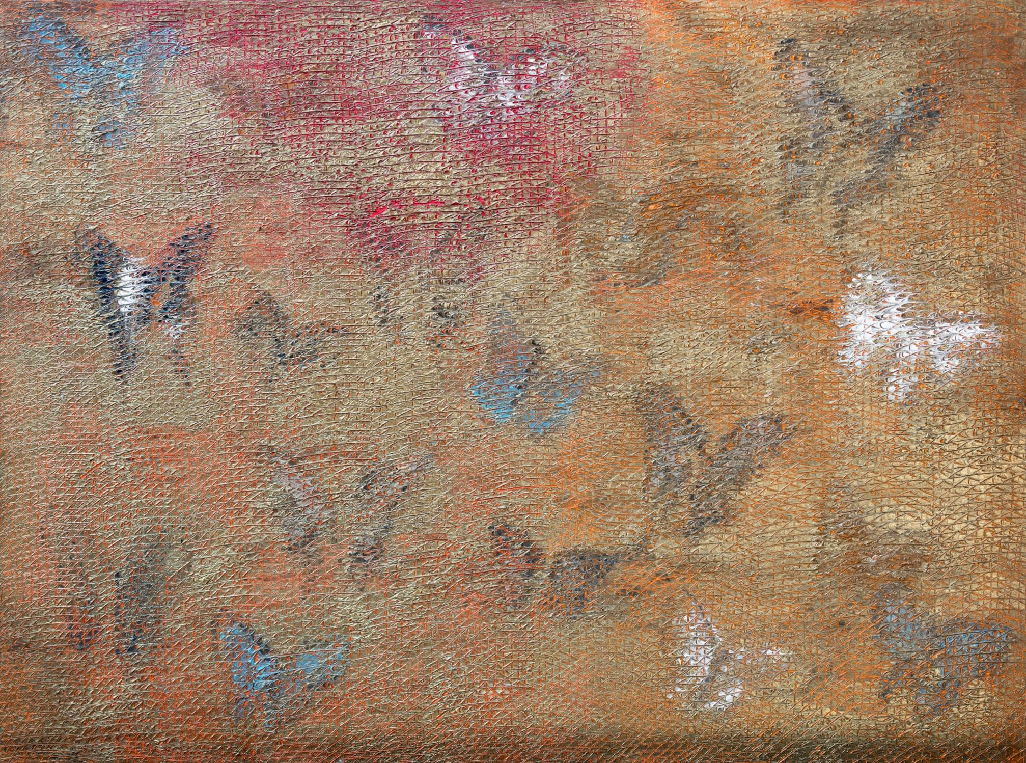 "Rote Schmetterlinge, 1998" Großes strukturiertes abstraktes Ölgemälde Metallic Gold