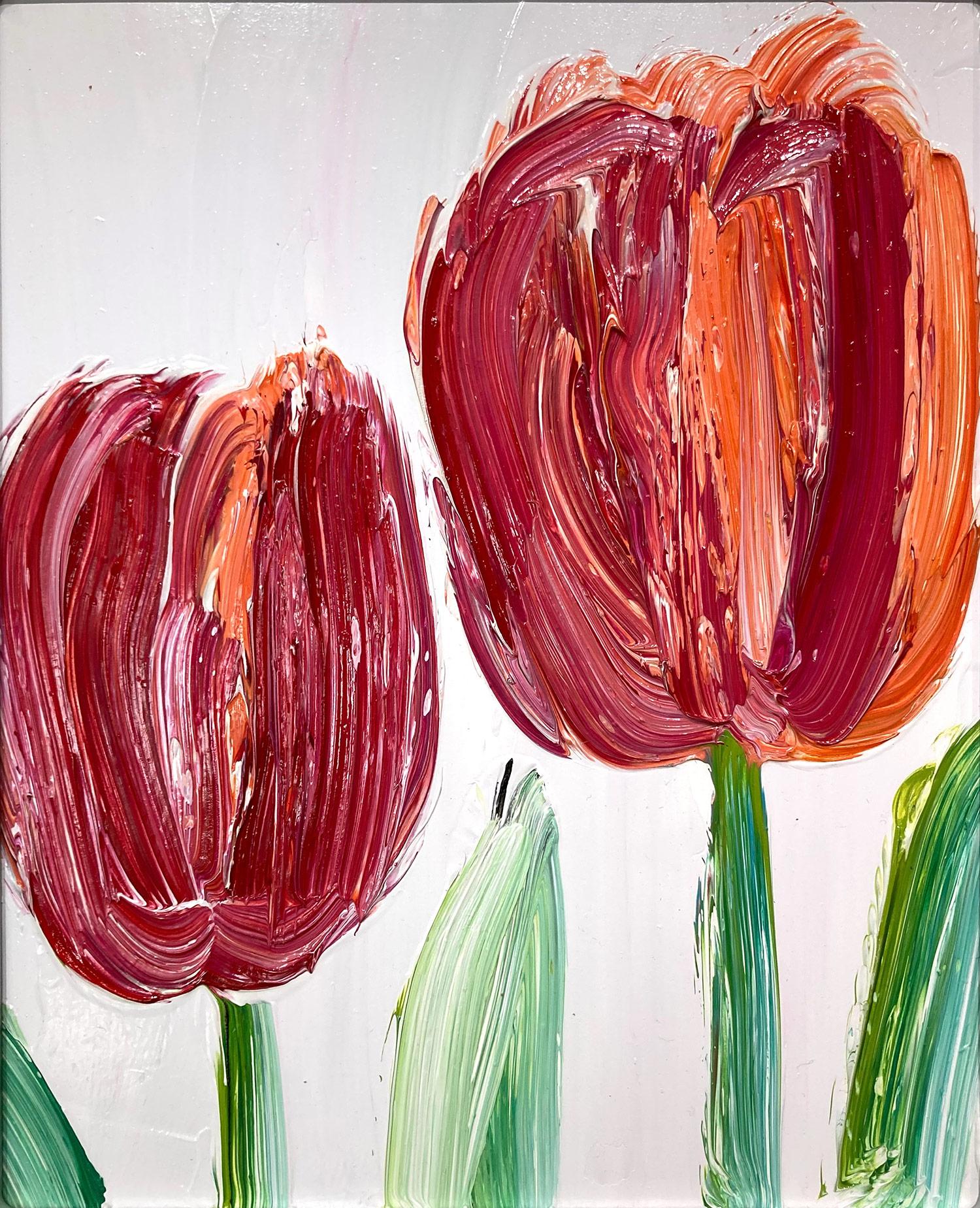 A wonderful composition of one of Slonem's newest series, Tulips. This piece depicts gestural figures of two red and orange Tulips on a soft lavender background with thick use of paint. Inspired by nature and a genuine love for animals, Slonem's
