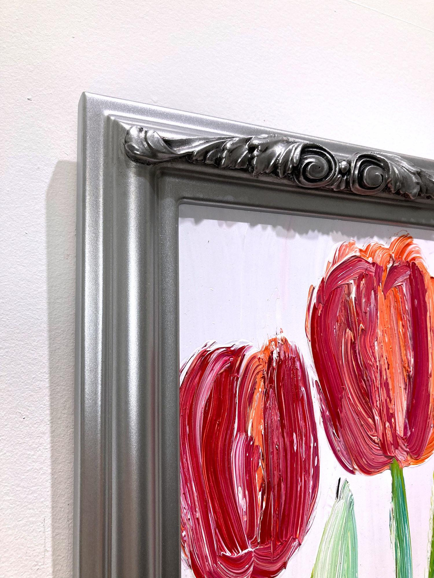 Peinture à l'huile rouge « Double Tulips » sur fond lavande souple, encadrée en vente 5