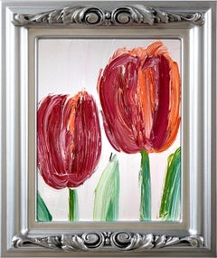 „Red Double Tulips“, Tulpen auf weichem, lavendelfarbenem Hintergrund, Ölgemälde, gerahmt