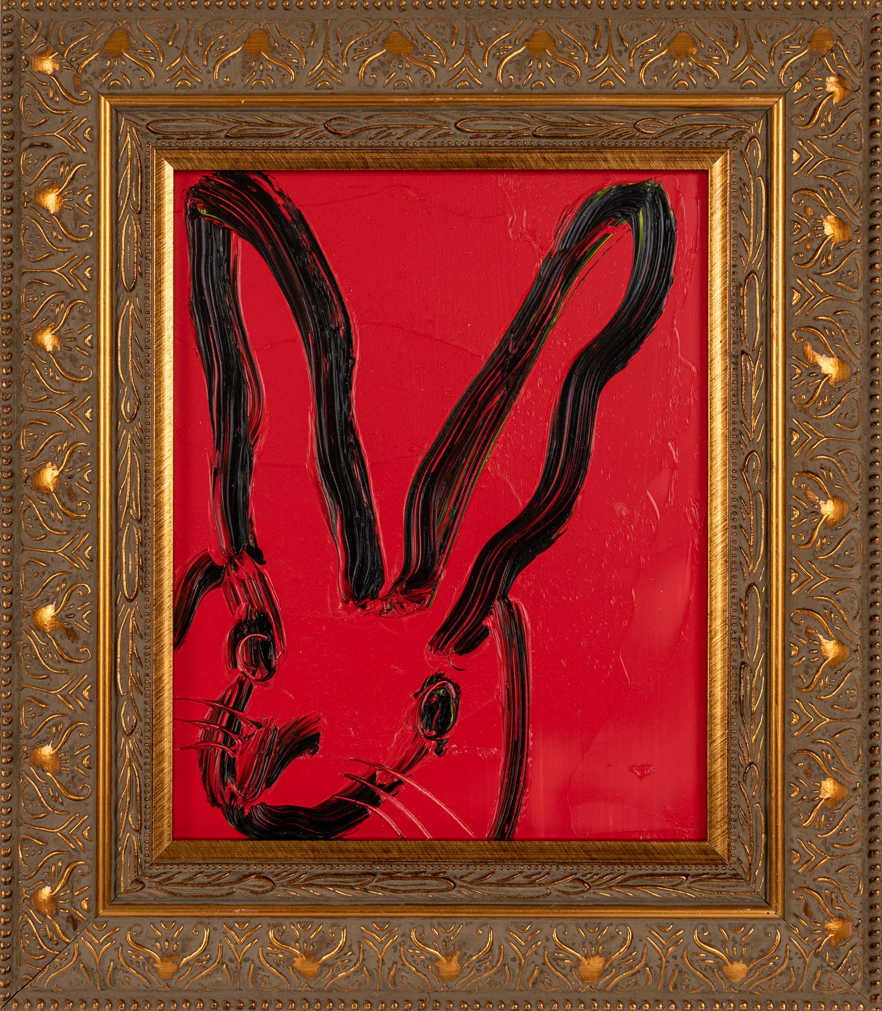 Painting size: 10 x 8 inches 
Framed size: 15 x 13 inches
Red gestural bunny painting by Hunt Slonem framed in gold. 
New York painter, Hunt Slonem is best known for his Neo –Expressionist paintings of bunnies, tropical birds and other exotic flora