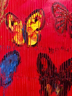 Red, Multicolored on Red, Textured Original Oil Painting of Butterflies