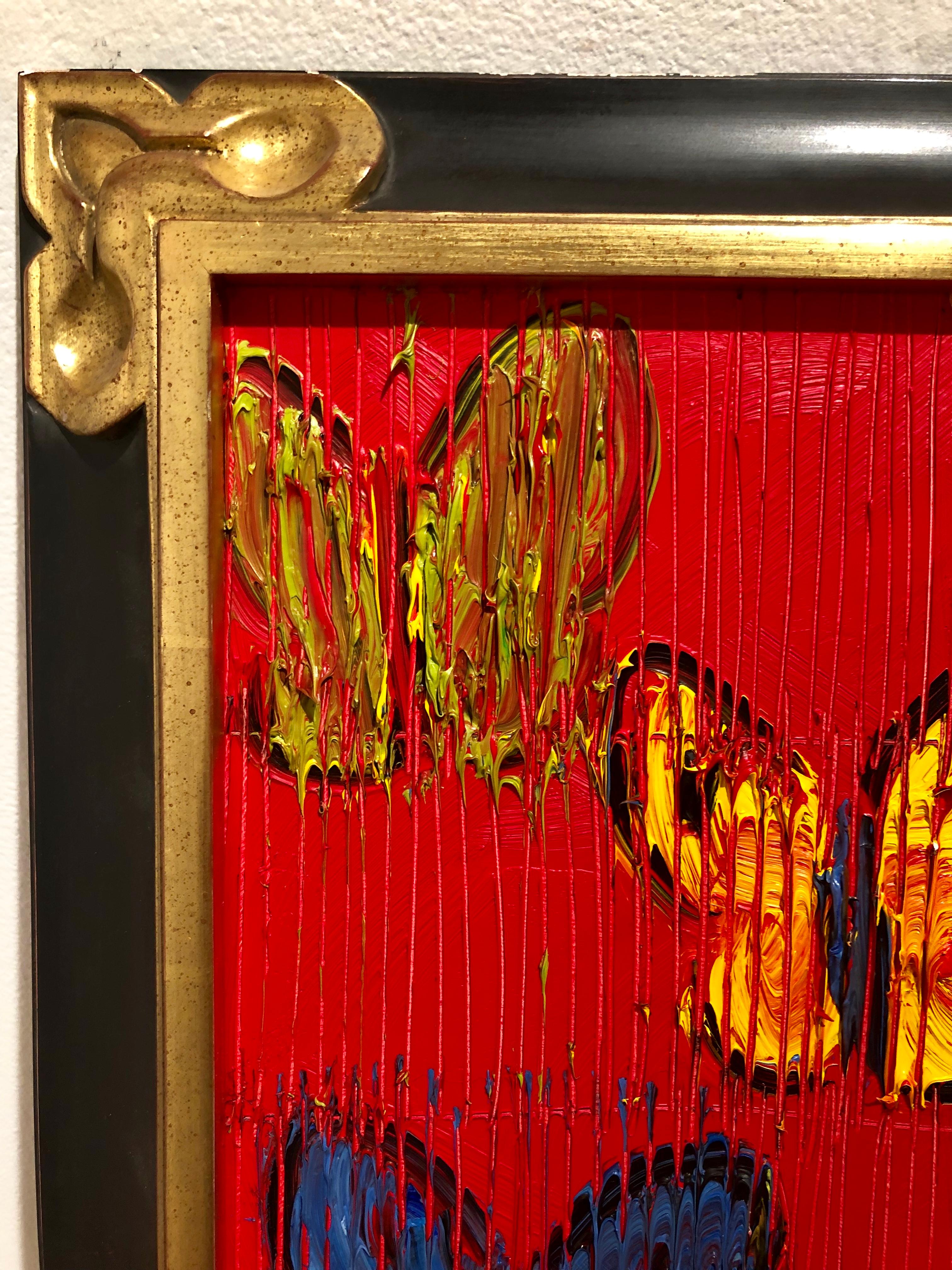 Red, Multicolored on Red, Textured Original Oil Painting of Butterflies For Sale 1