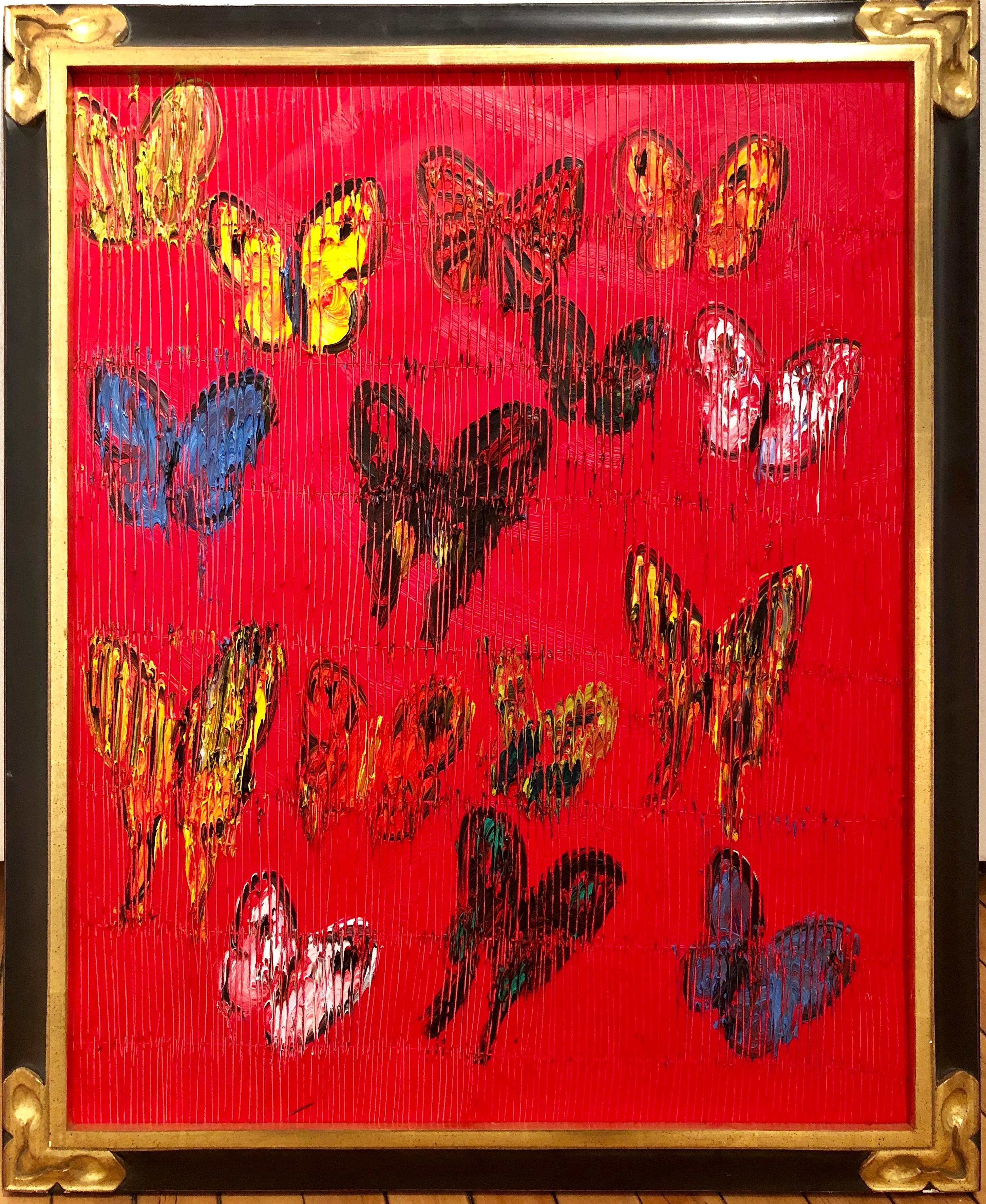 Hunt Slonem Animal Painting - Red, Multicolored on Red, Textured Original Oil Painting of Butterflies