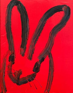 "Red Rover III" Coniglietto nero su sfondo rosso a bastoncino, dipinto con cornice antica