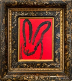 "Red Rover III" Black Bunny on Lip Stick Red Background Painting w Antique Frame