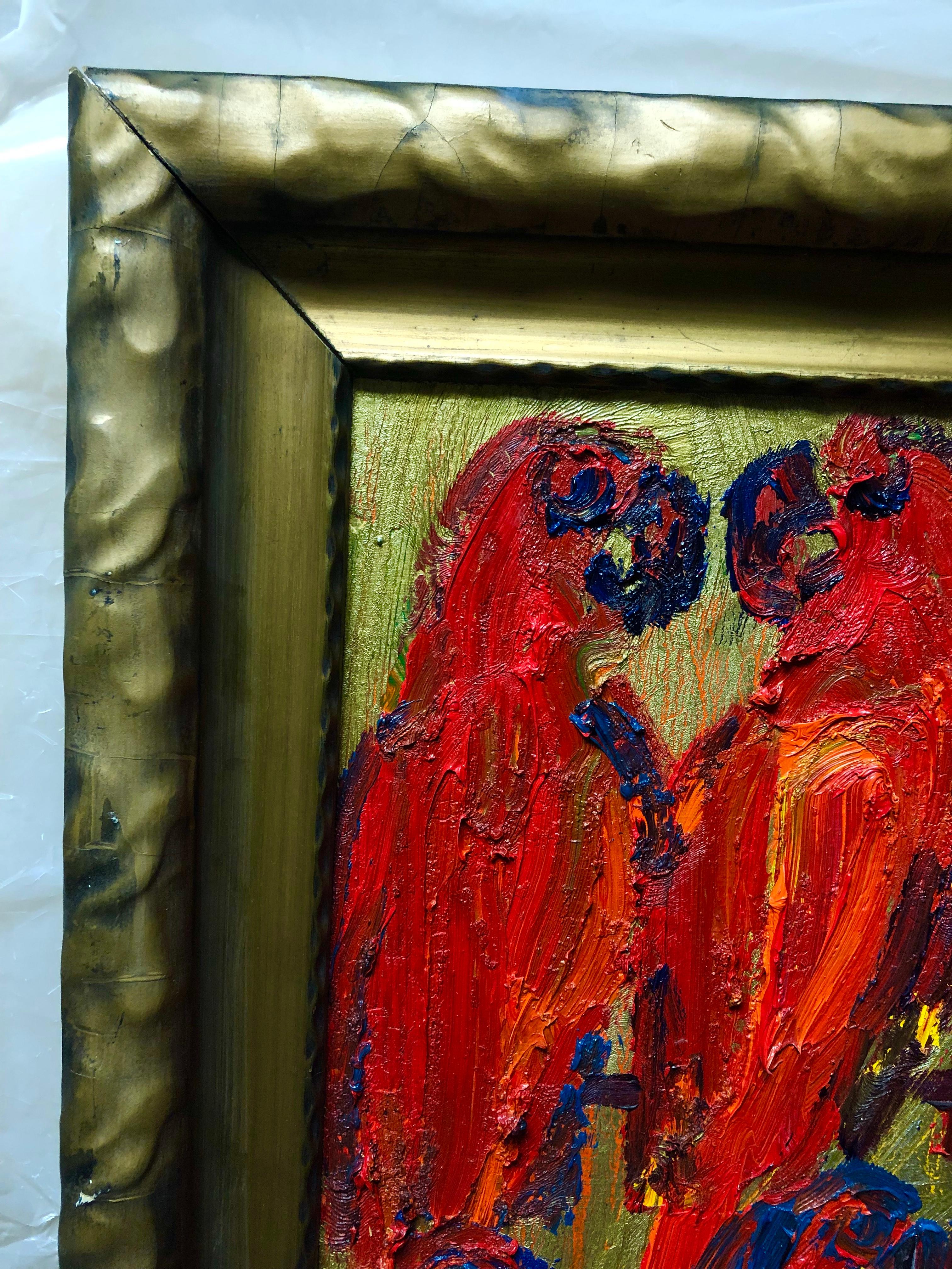 Hunt Slonem, Three rows of red tropical birds (Lories) on a gold background.
This work comes framed in an antique gold tone frame selected by the artist. 

Inspired by nature, and his 60 pet birds, Hunt Slonem is renowned for his distinct