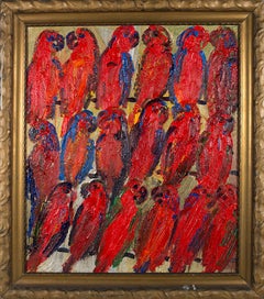 Red Tropical Birds in Three Rows, Antique Gold Frame, Oil Painting