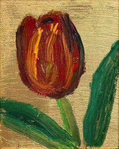 "Tulipano rosso - Belle Terre" Tulipano rosso su sfondo oro Pittura a olio con cornice
