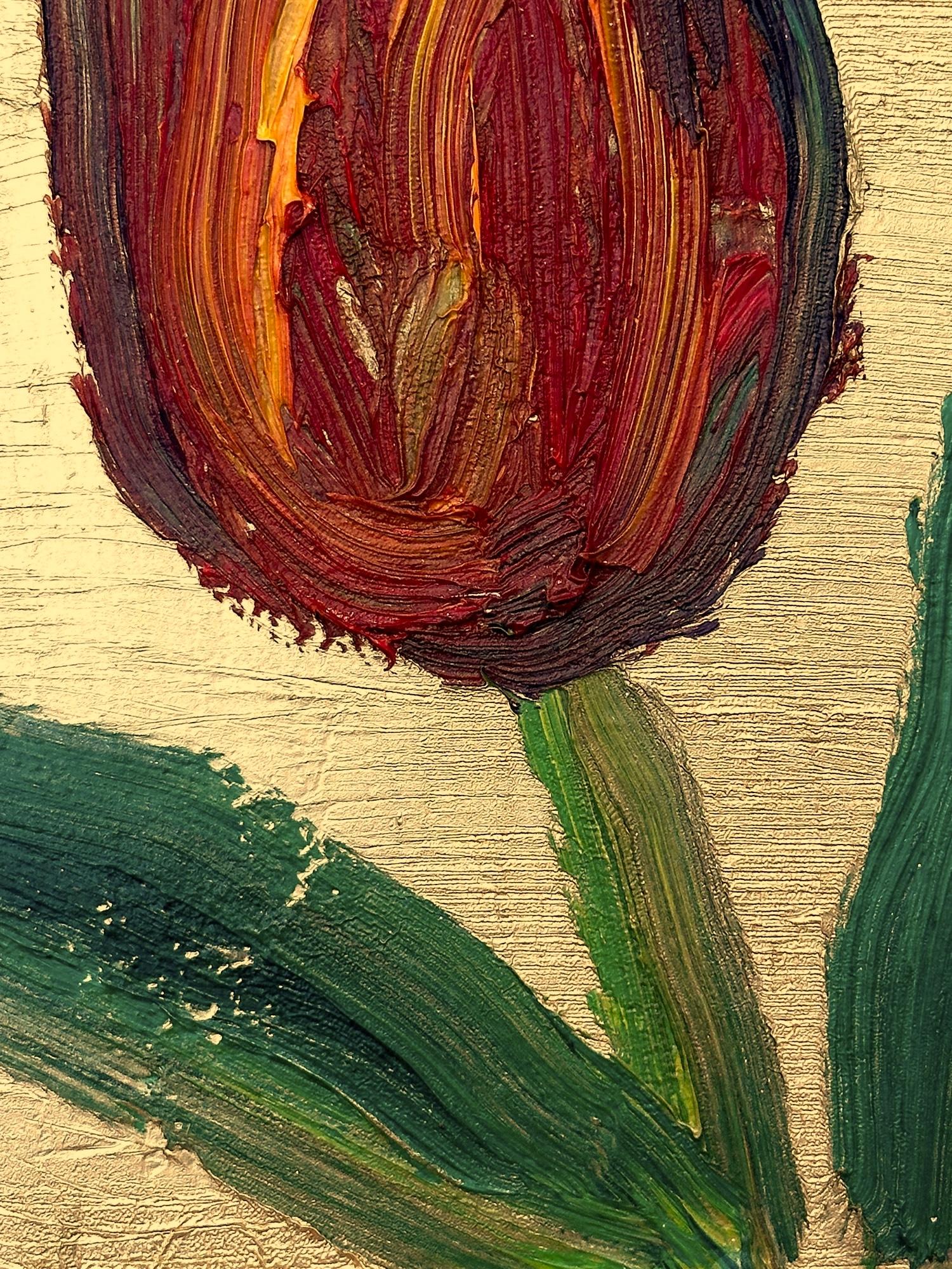 A wonderful composition of one of Slonem's newest series, Tulips. This piece depicts a gestural figure of a Red Tulip on a golden background with thick use of paint. It is housed in a wonderful gold antique style frame. Inspired by nature and a