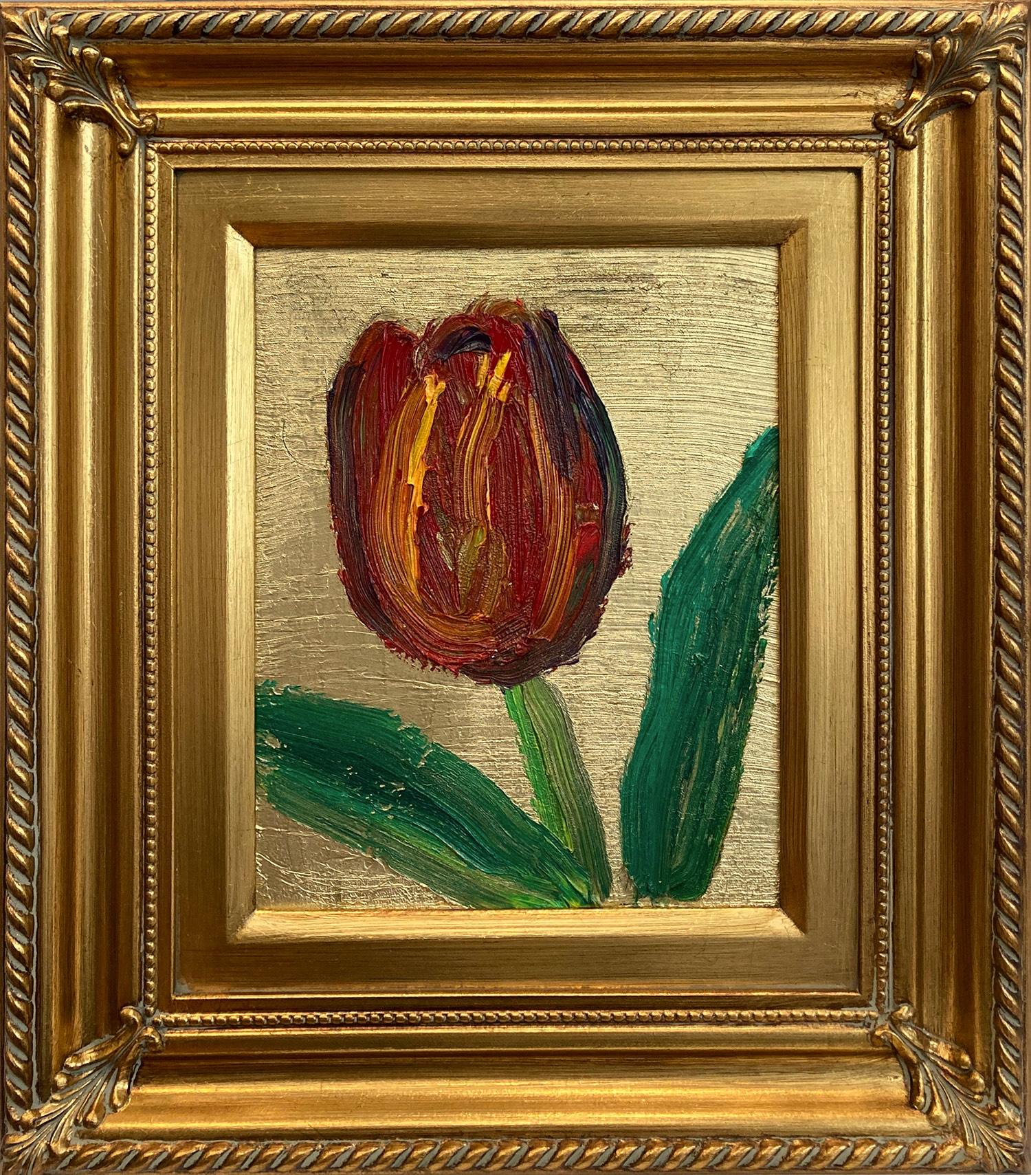 Abstract Painting di Hunt Slonem - "Red Tulip - Belle Terre" Red Tulip on Gold Background Oil Painting Framed