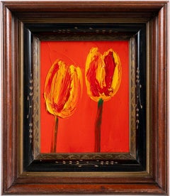 Doble Tulipán Rojo, Amarillo y Negro Óleo Original en Marco Vintage