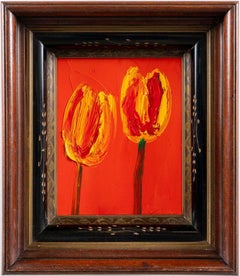 Double tulipe rouge, jaune et noire Peinture à l'huile originale dans un cadre vintage