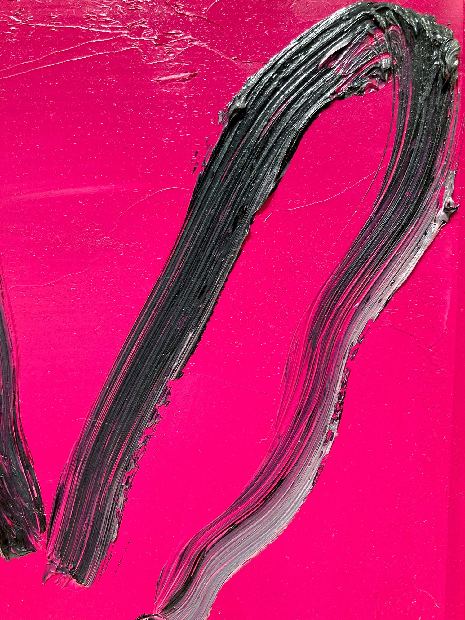 A wonderful composition of one of Slonem's most iconic subjects, Bunnies. This piece depicts a gestural figure of a black bunny on a Hot Pink background with thick use of paint. It is housed in a wonderful antique style frame. Inspired by nature and