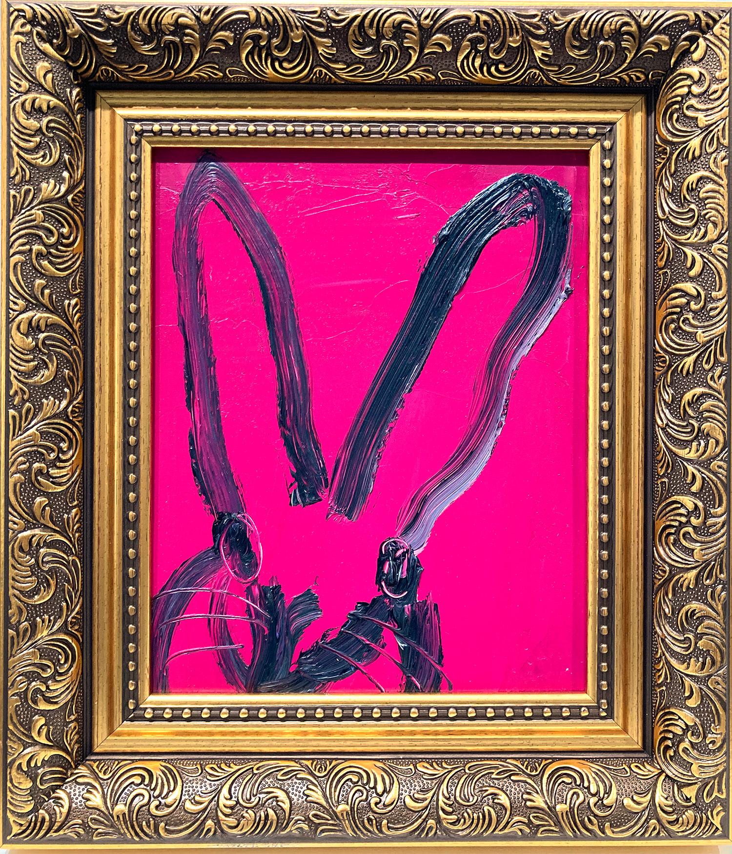 Hunt Slonem Abstract Painting - "Regal Road" Black Bunny on Hot Pink Background Oil Painting on Wood Panel