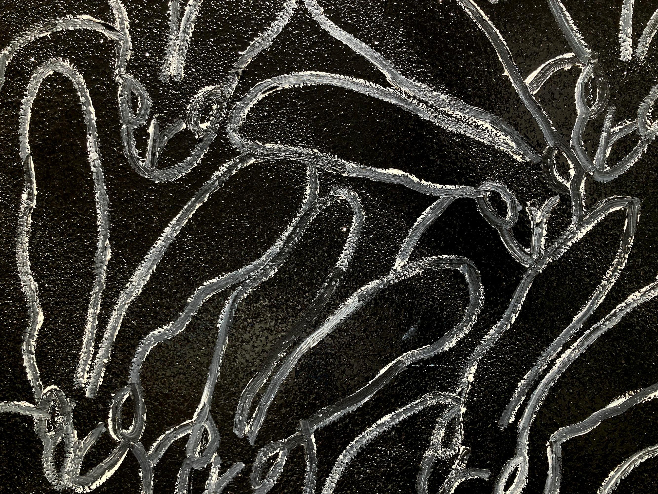 A wonderful composition of one of Slonem's most iconic subjects, Bunnies. This piece depicts white gestural figures of Bunnies against a black diamond dust background. Slonem traces these bunnies with thick white paint and then encases the piece in