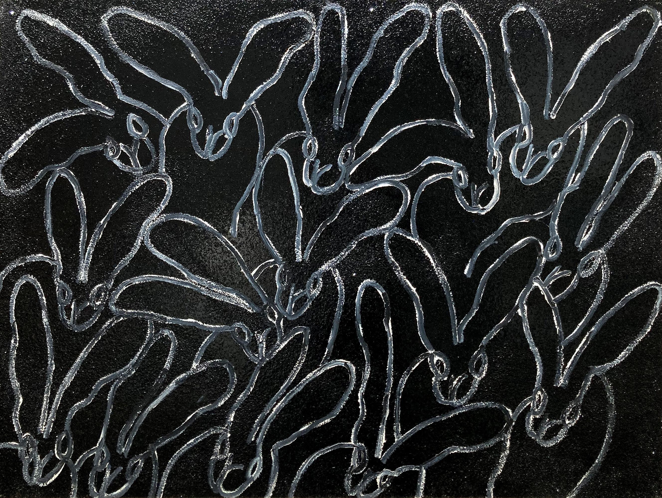 Hunt Slonem Animal Painting - "Regines Black Diamond" White Bunnies on Monochrome Diamond Dust Oil on Canvas