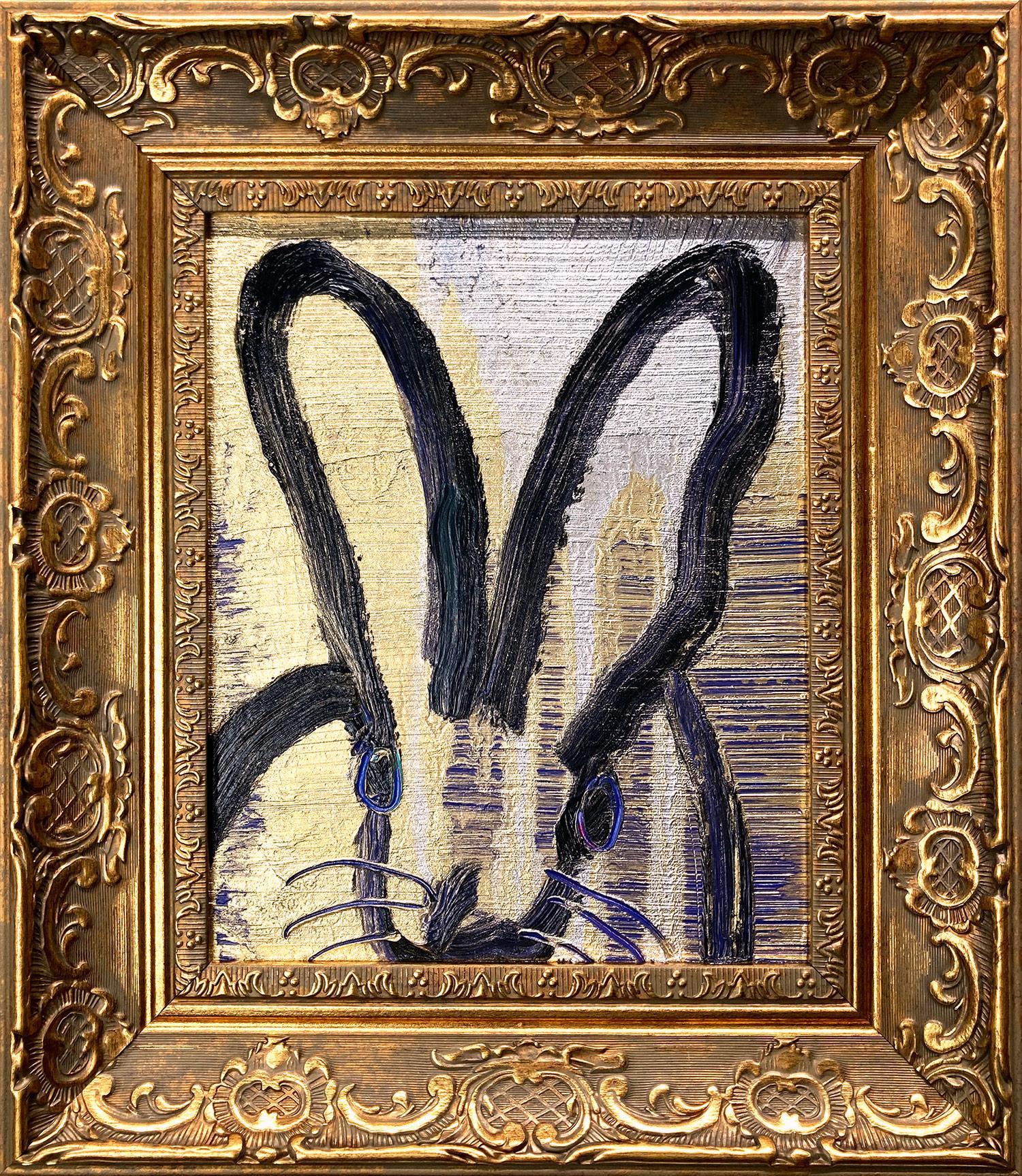 Hunt Slonem Animal Painting - "Rex" Black Bunny on Navy Blue Background with Silver & Gold Painting