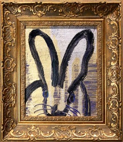 "Rex" Black Bunny on Navy Blue Background with Silver & Gold Painting