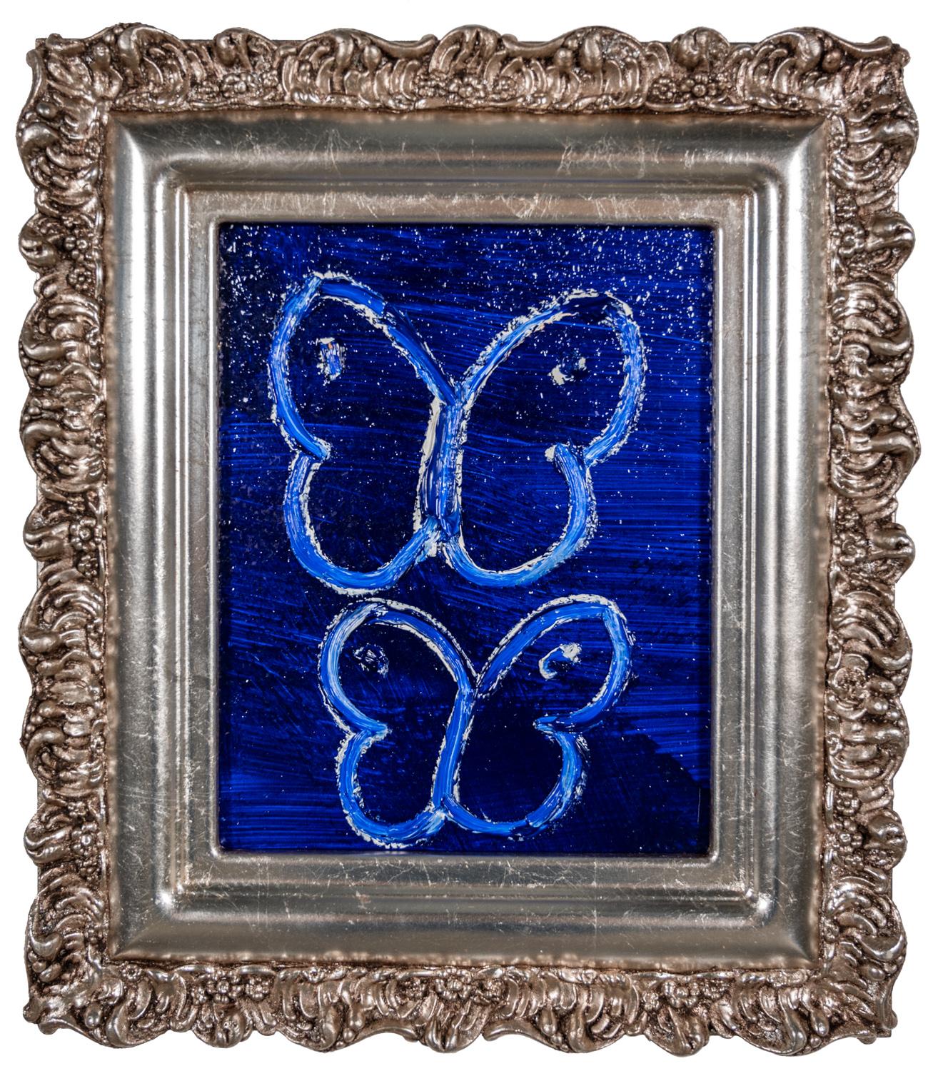 Hunt Slonem Animal Painting – Rhapsody 2 Blaues „Schmetterlingsgemälde“ Original-Ölgemälde in Vintage-Rahmen