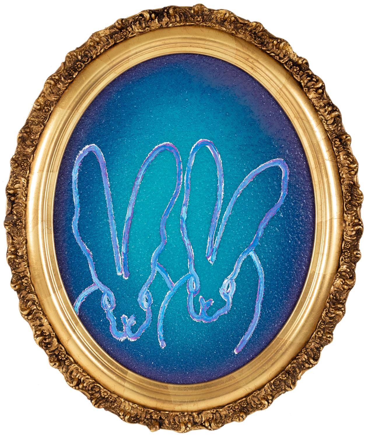 Hunt Slonem Figurative Painting – Rhapsody in Blue „Bunny Painting“, Original-Ölgemälde, oval, Vintage-Rahmen
