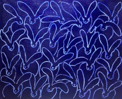 "Rhapsody in Blue Diamond Dust" White Bunnies on Ultramarine Blue Oil Painting