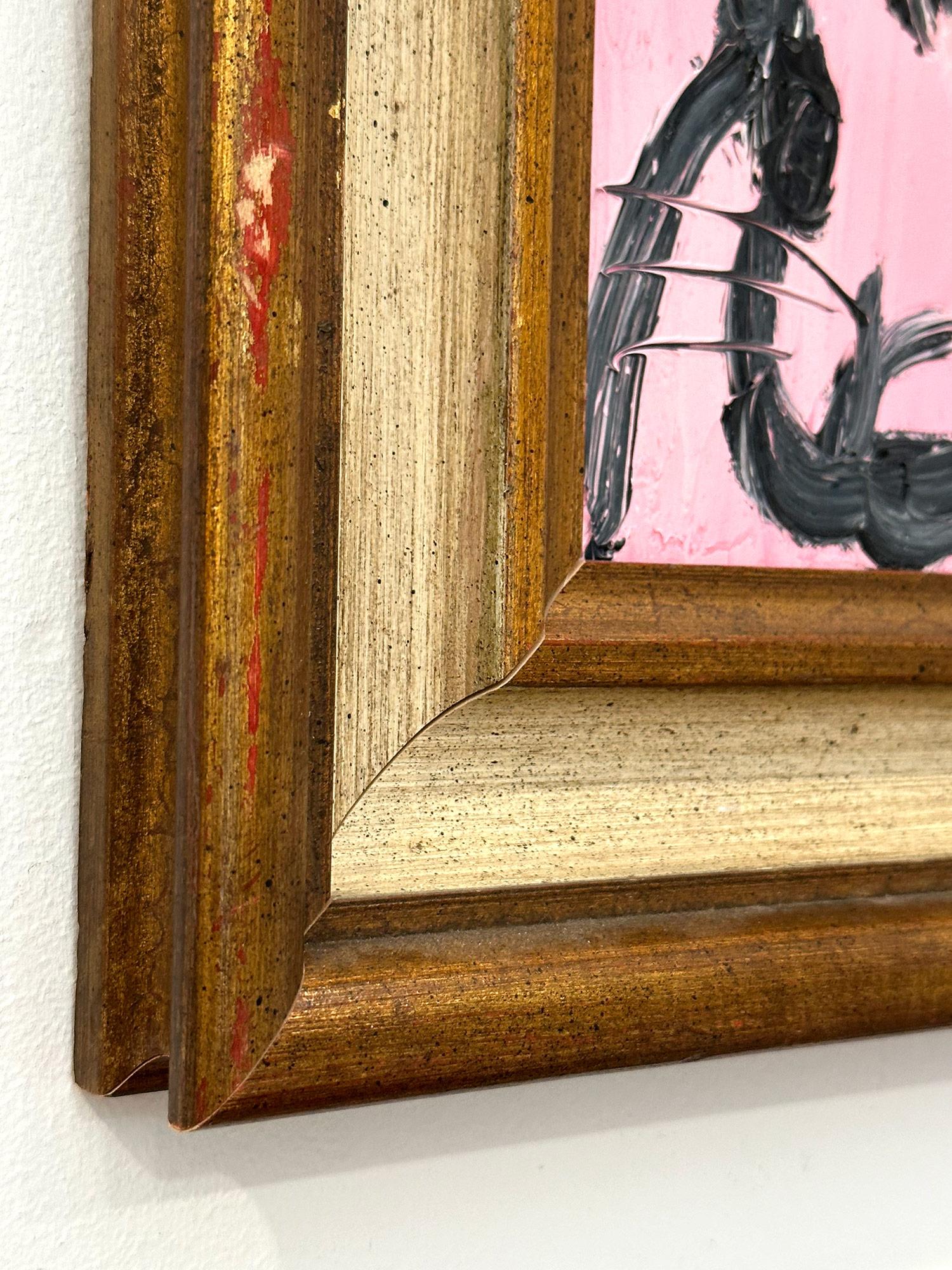„Rose“ Schwarzes Ölgemälde auf Holzrahmen, Schwarzer Umriss Bunny auf französischem rosa Hintergrund, gerahmt im Angebot 5