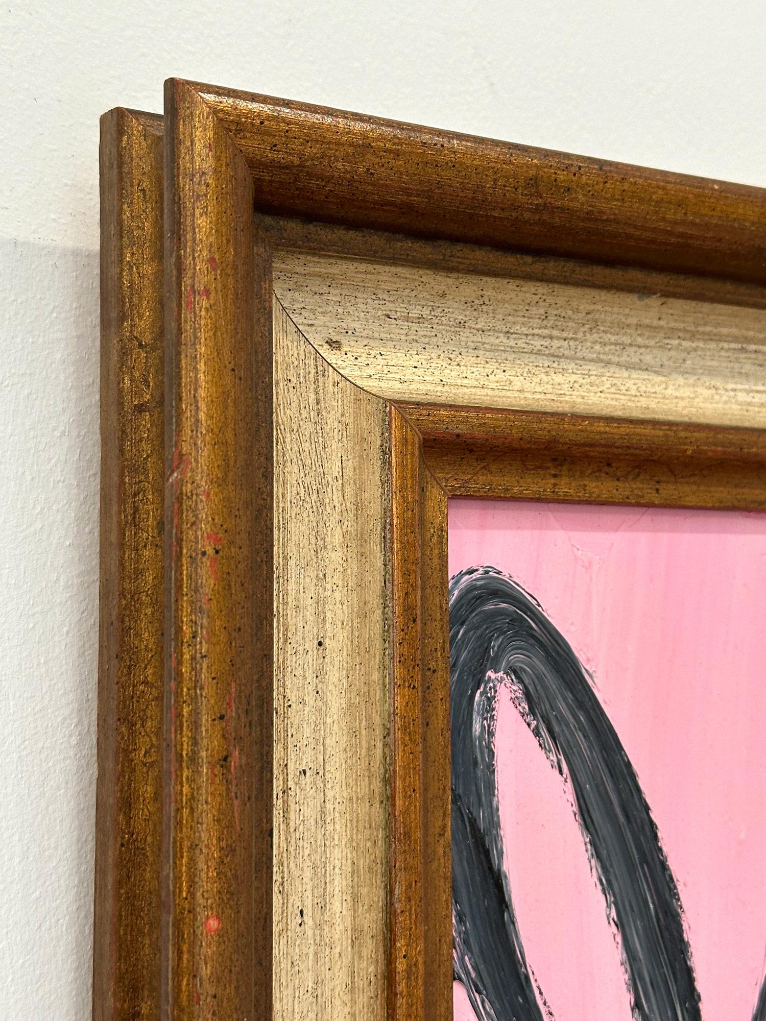 „Rose“ Schwarzes Ölgemälde auf Holzrahmen, Schwarzer Umriss Bunny auf französischem rosa Hintergrund, gerahmt im Angebot 6