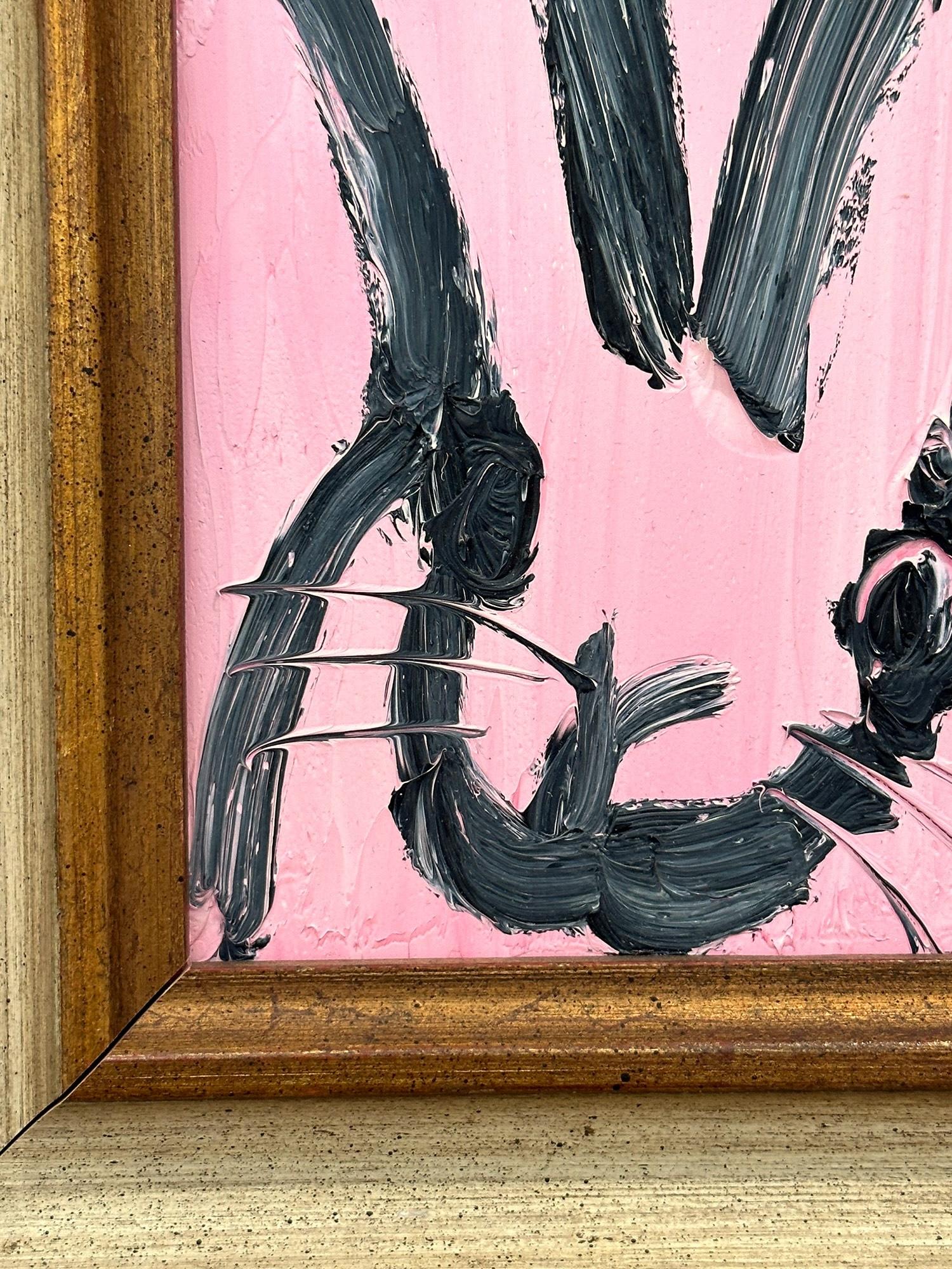 „Rose“ Schwarzes Ölgemälde auf Holzrahmen, Schwarzer Umriss Bunny auf französischem rosa Hintergrund, gerahmt im Angebot 4
