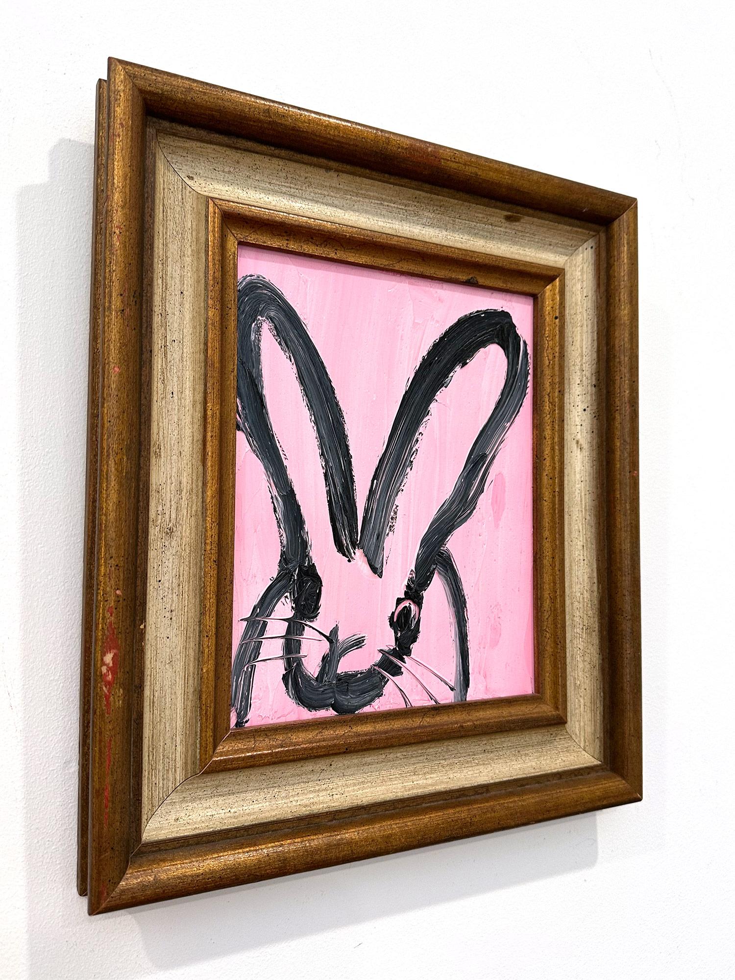„Rose“ Schwarzes Ölgemälde auf Holzrahmen, Schwarzer Umriss Bunny auf französischem rosa Hintergrund, gerahmt im Angebot 10