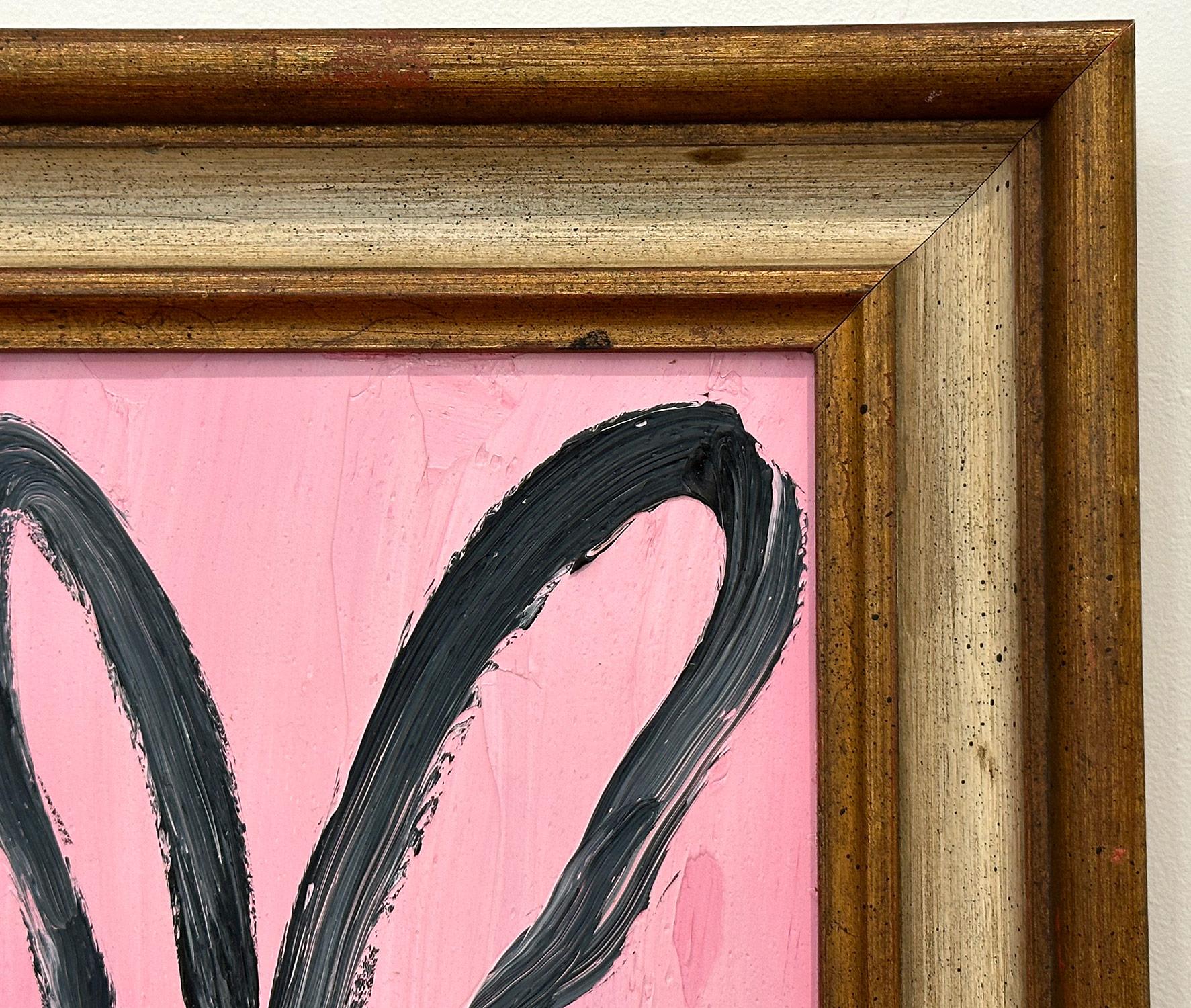„Rose“ Schwarzes Ölgemälde auf Holzrahmen, Schwarzer Umriss Bunny auf französischem rosa Hintergrund, gerahmt im Angebot 7